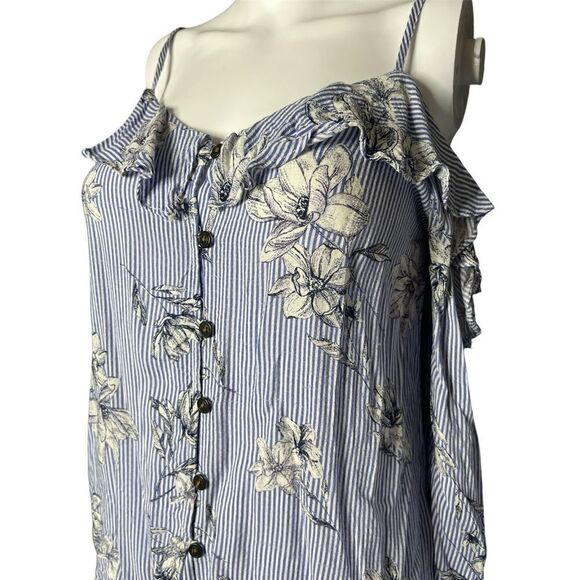 Jolt Striped Floral Cold Shoulder Top Blue & White Size XS - Picture 3 of 3
